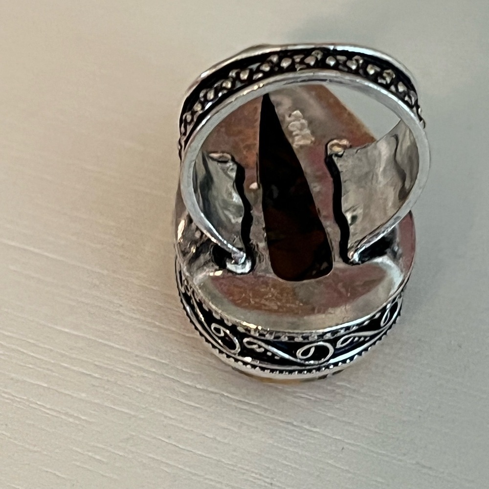 STATEMENT GEMSTONE RING SILVER OVERLAY BRECCIATED MOOKAITE SIZE 7.5-7.75 - Picture 4 of 7